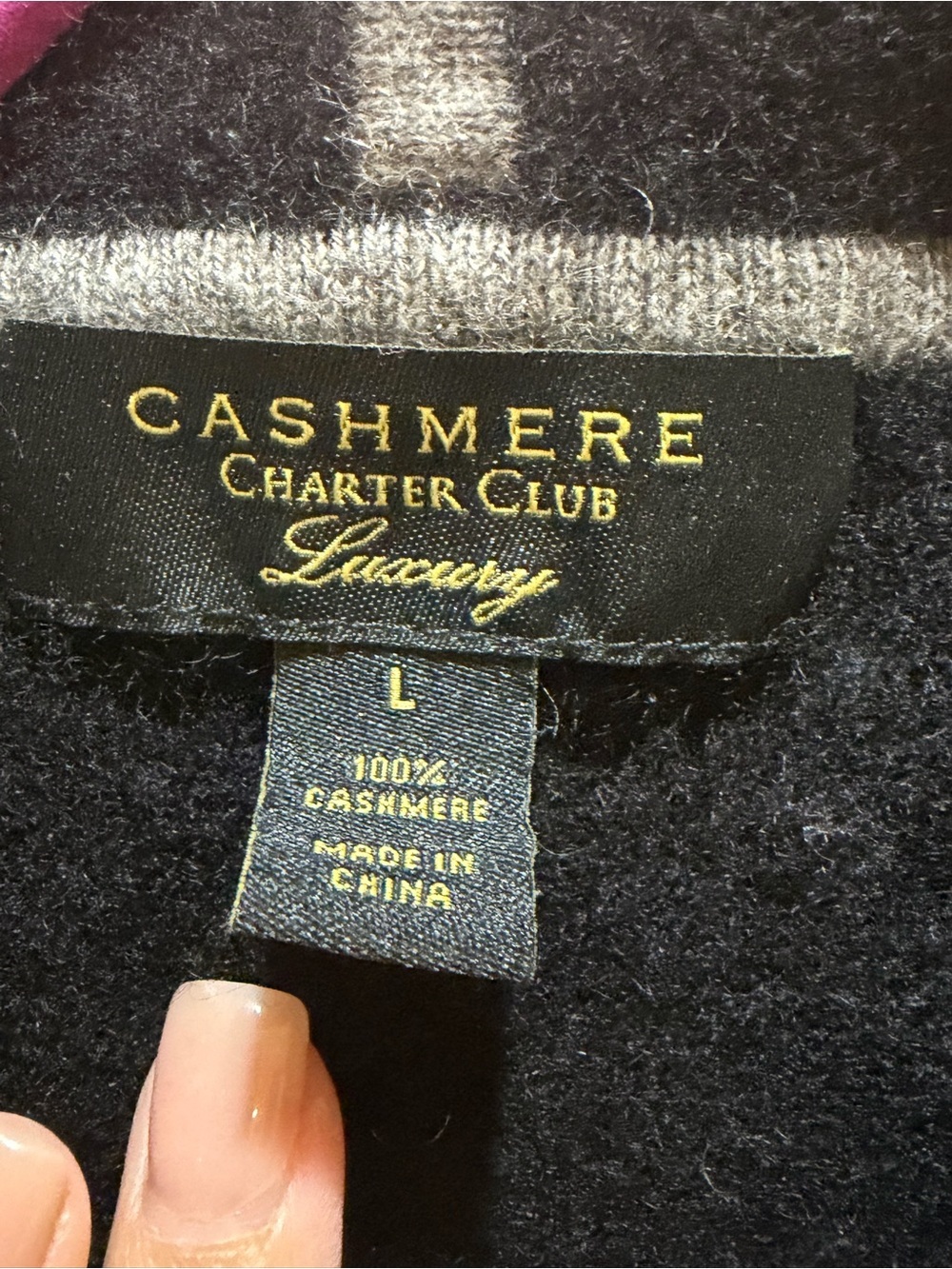 Charter Club 100% Cashmere Hooded Sweater L Black Gray Trim Luxe Pullover Soft - Picture 3 of 5